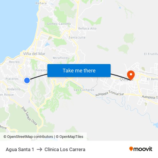 Agua Santa 1 to Clínica Los Carrera map