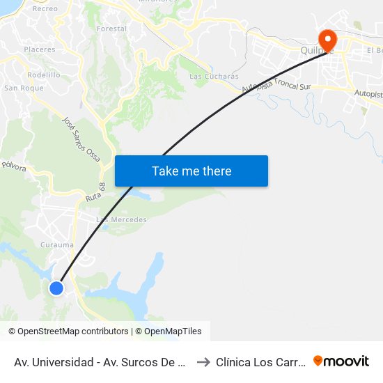 Av. Universidad - Av. Surcos De Agua to Clínica Los Carrera map