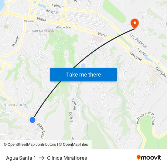 Agua Santa 1 to Clínica Miraflores map