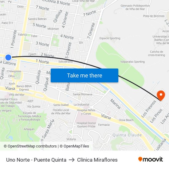 Uno Norte - Puente Quinta to Clínica Miraflores map