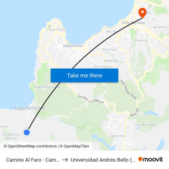 Camino Al Faro - Camino Viejo Las Docas to Universidad Andrés Bello (Campus Los Castaños) map