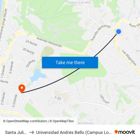 Santa Julia, 47 to Universidad Andrés Bello (Campus Los Castaños) map