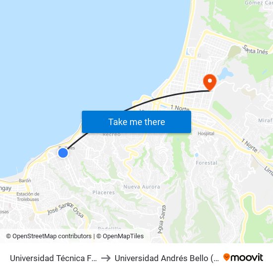 Universidad Técnica Federico Santa María to Universidad Andrés Bello (Campus Los Castaños) map