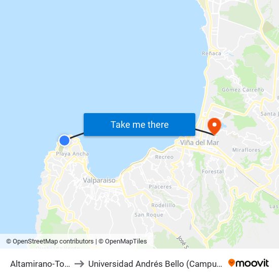 Altamirano-Torpedera to Universidad Andrés Bello (Campus Los Castaños) map