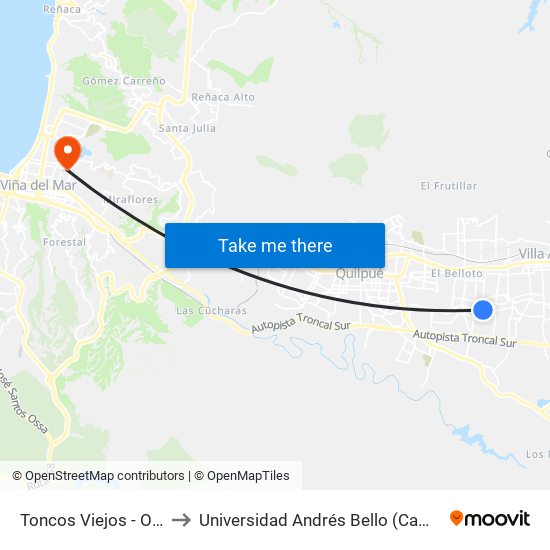 Toncos Viejos - Ojos De Agua to Universidad Andrés Bello (Campus Los Castaños) map