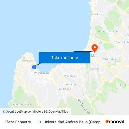 Plaza Echaurren / Oriente to Universidad Andrés Bello (Campus Los Castaños) map