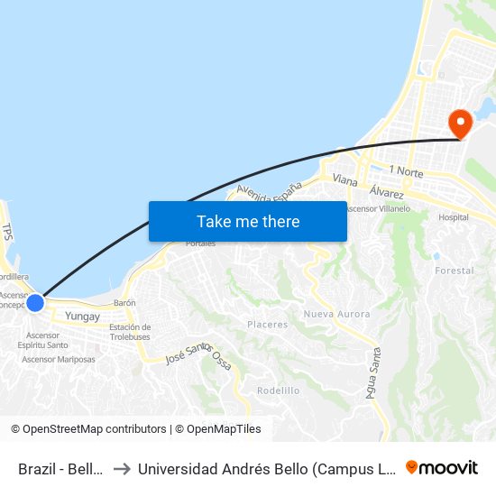 Brazil - Bellavista to Universidad Andrés Bello (Campus Los Castaños) map