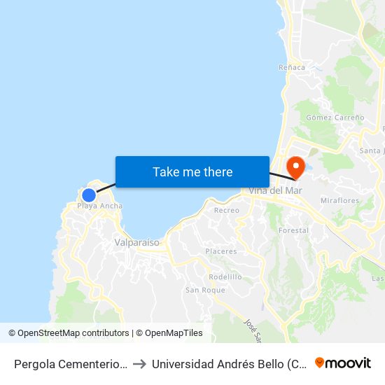 Pergola Cementerio De Playa Ancha to Universidad Andrés Bello (Campus Los Castaños) map