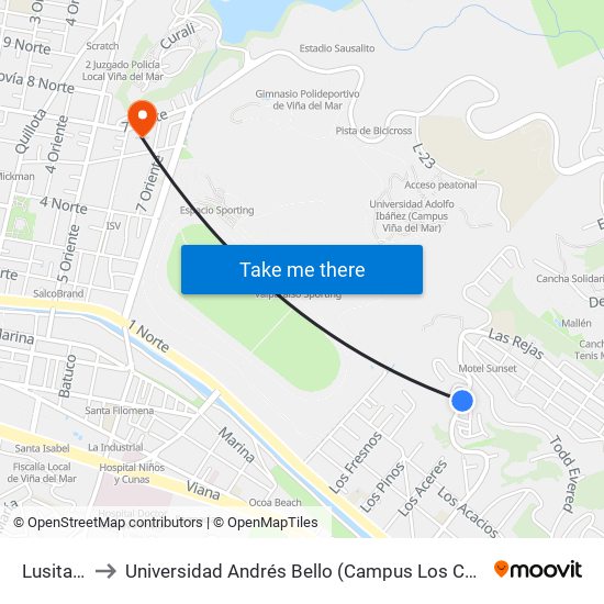 Lusitania to Universidad Andrés Bello (Campus Los Castaños) map