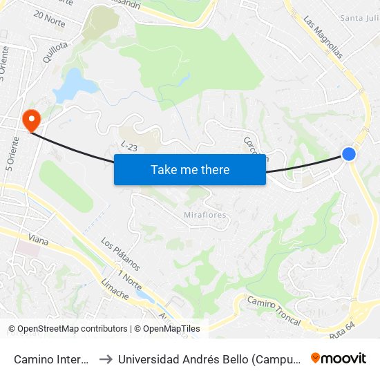 Camino Internacional to Universidad Andrés Bello (Campus Los Castaños) map