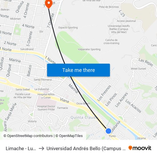 Limache - Lusitania to Universidad Andrés Bello (Campus Los Castaños) map