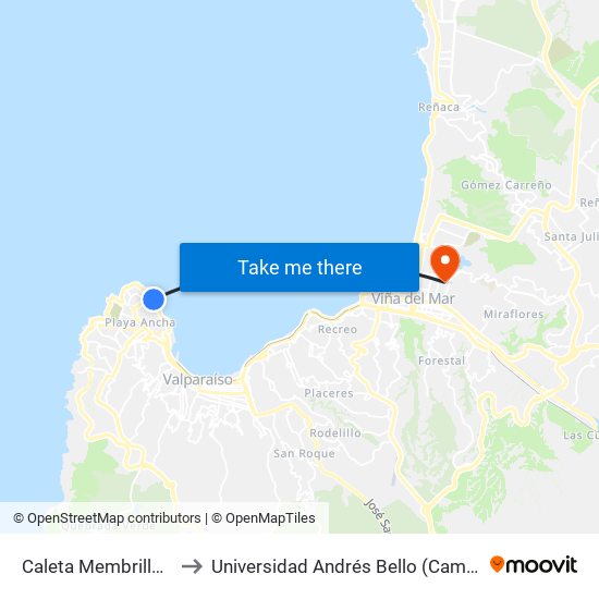 Caleta Membrillo / Poniente to Universidad Andrés Bello (Campus Los Castaños) map
