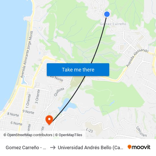 Gomez Carreño - Diecisiete Pte to Universidad Andrés Bello (Campus Los Castaños) map