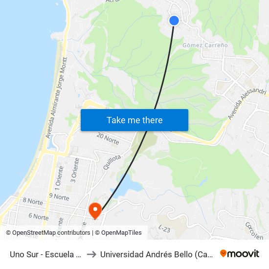 Uno Sur - Escuela Orlando Pena to Universidad Andrés Bello (Campus Los Castaños) map