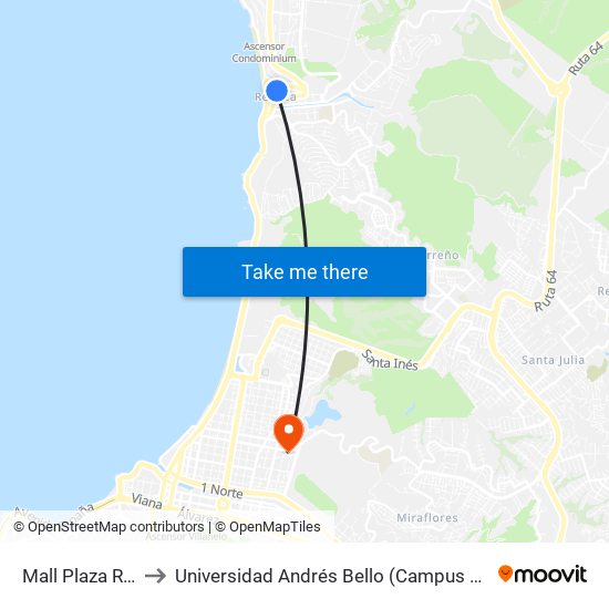 Mall Plaza Reñaca to Universidad Andrés Bello (Campus Los Castaños) map