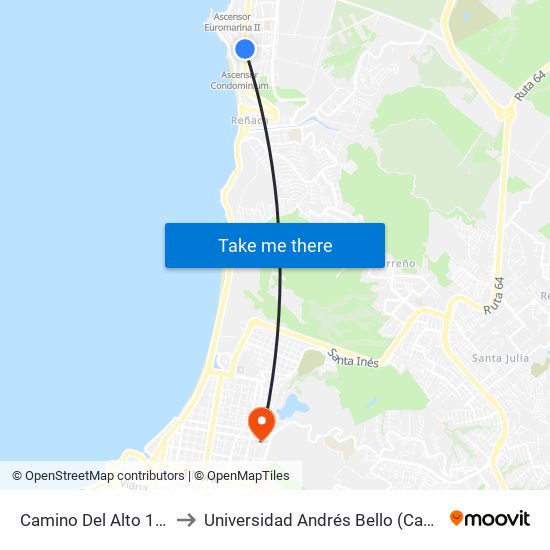 Camino Del Alto 1555 / Oriente to Universidad Andrés Bello (Campus Los Castaños) map