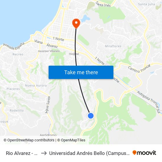 Rio Alvarez - Pje Uno to Universidad Andrés Bello (Campus Los Castaños) map