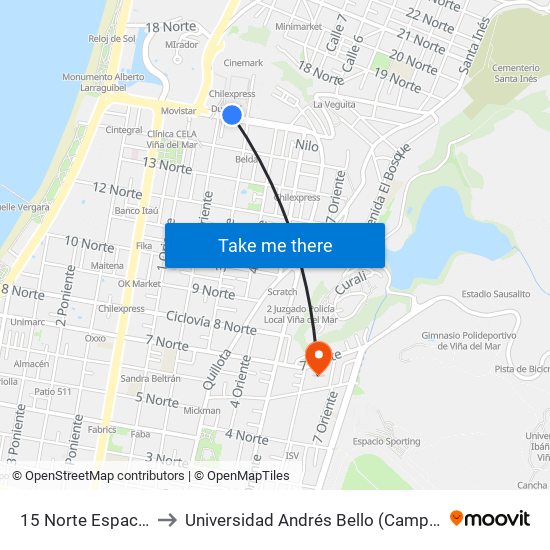 15 Norte Espacio Urbano to Universidad Andrés Bello (Campus Los Castaños) map