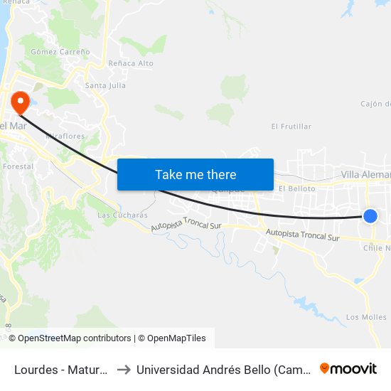 Lourdes - Maturana / Norte to Universidad Andrés Bello (Campus Los Castaños) map