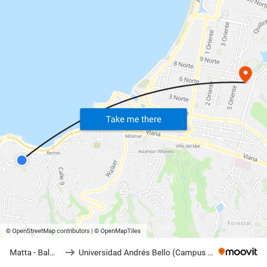 Matta - Balmaceda to Universidad Andrés Bello (Campus Los Castaños) map