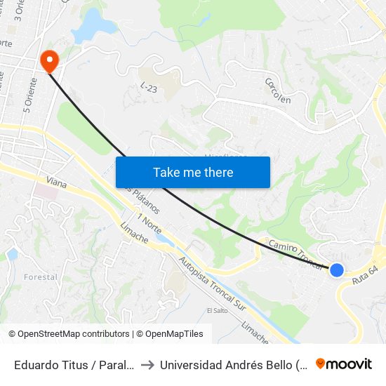 Eduardo Titus / Paralelo Camino Troncal to Universidad Andrés Bello (Campus Los Castaños) map