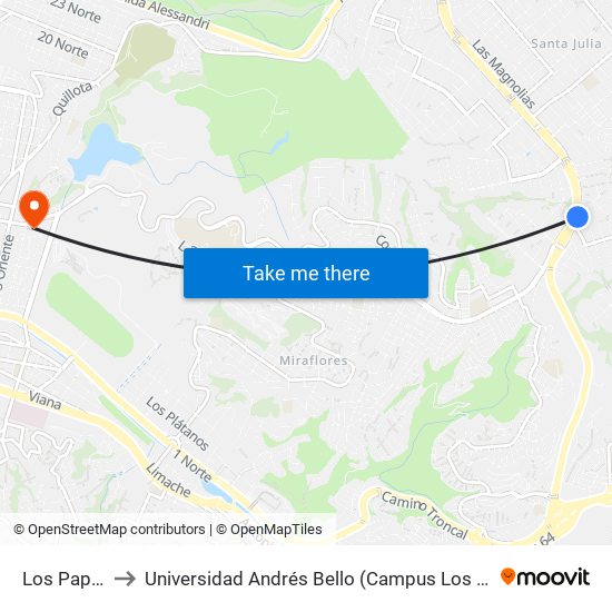 Los Papiros to Universidad Andrés Bello (Campus Los Castaños) map