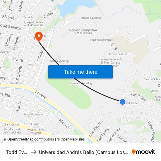 Todd Evered to Universidad Andrés Bello (Campus Los Castaños) map