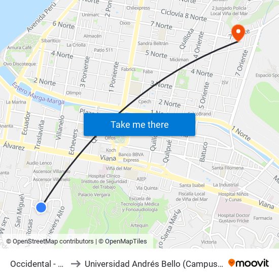 Occidental - Oriental to Universidad Andrés Bello (Campus Los Castaños) map