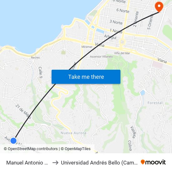 Manuel Antonio Matta, 2065 to Universidad Andrés Bello (Campus Los Castaños) map