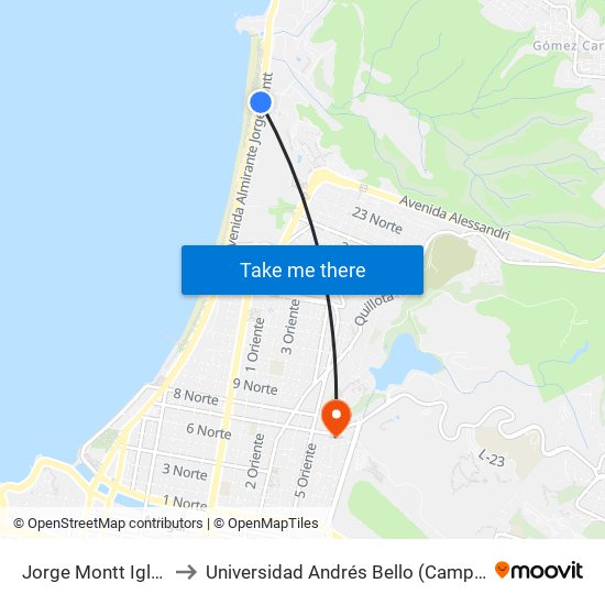 Jorge Montt Iglesia Naval to Universidad Andrés Bello (Campus Los Castaños) map