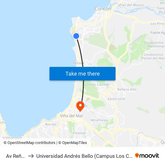 Av Reñaca to Universidad Andrés Bello (Campus Los Castaños) map