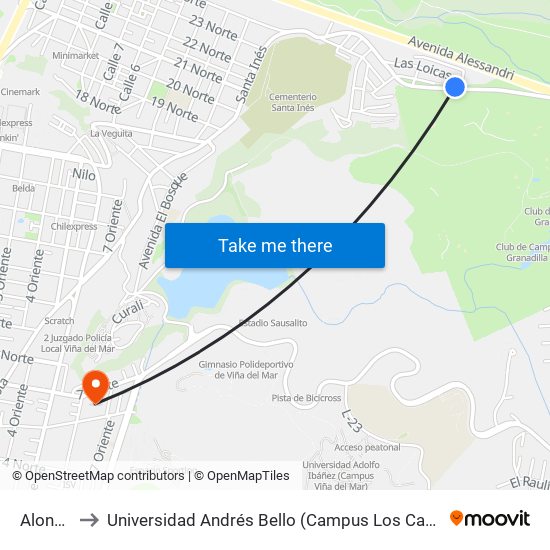 Alondra to Universidad Andrés Bello (Campus Los Castaños) map