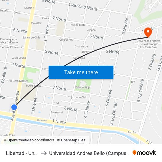 Libertad - Uno Norte to Universidad Andrés Bello (Campus Los Castaños) map