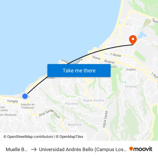 Muelle Baron to Universidad Andrés Bello (Campus Los Castaños) map