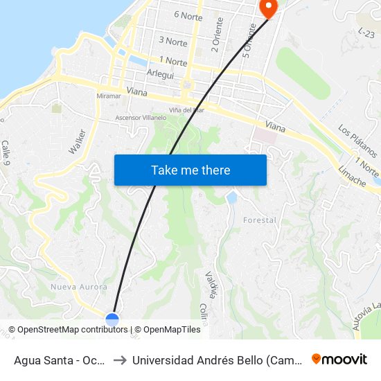 Agua Santa - Ocho De Julio to Universidad Andrés Bello (Campus Los Castaños) map