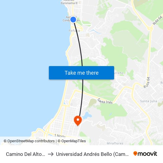 Camino Del Alto - Miramar to Universidad Andrés Bello (Campus Los Castaños) map