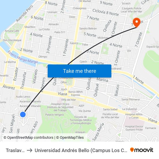 Traslaviña to Universidad Andrés Bello (Campus Los Castaños) map