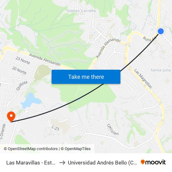 Las Maravillas - Estero Mantenlahue to Universidad Andrés Bello (Campus Los Castaños) map