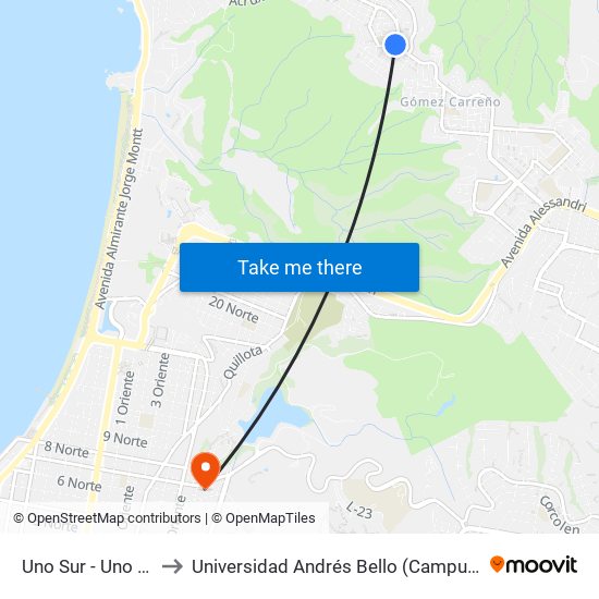 Uno Sur - Uno 1 / 2 Sur to Universidad Andrés Bello (Campus Los Castaños) map