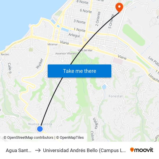 Agua Santa 500 to Universidad Andrés Bello (Campus Los Castaños) map