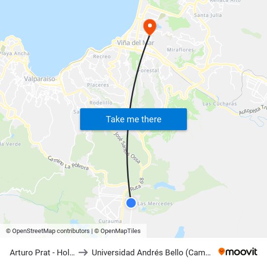 Arturo Prat - Holanda / Sur to Universidad Andrés Bello (Campus Los Castaños) map