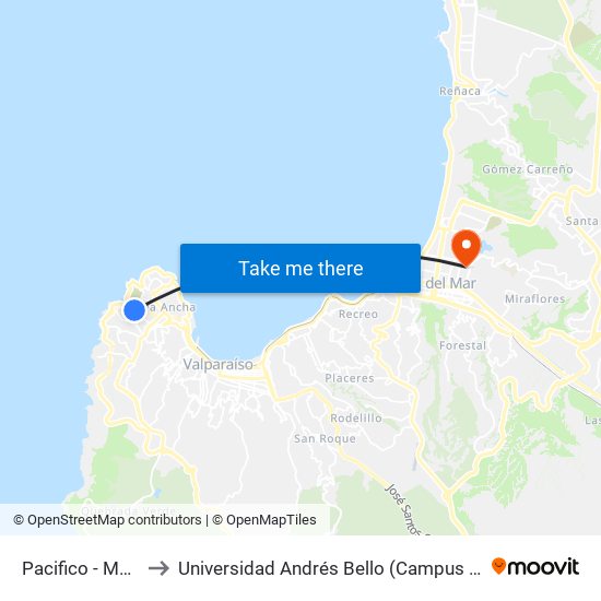 Pacifico - Marchant to Universidad Andrés Bello (Campus Los Castaños) map