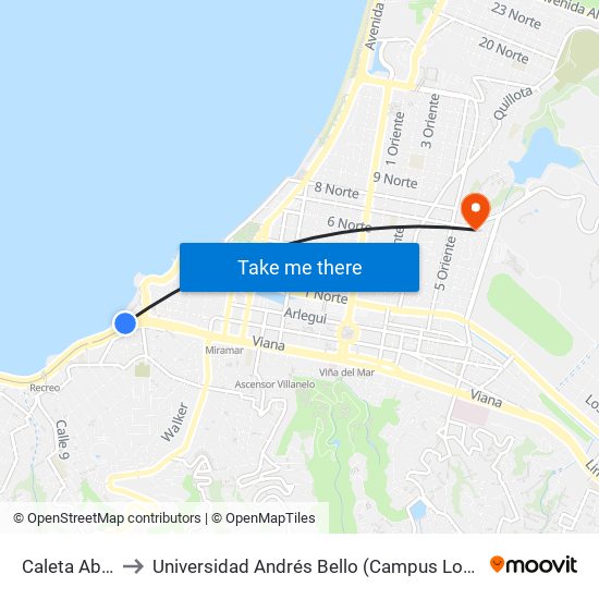 Caleta Abarca to Universidad Andrés Bello (Campus Los Castaños) map