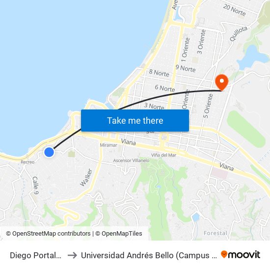 Diego Portales, 781 to Universidad Andrés Bello (Campus Los Castaños) map