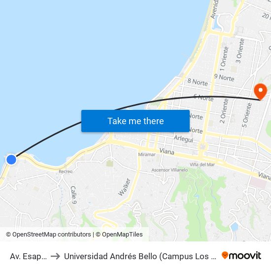 Av. Esapaña to Universidad Andrés Bello (Campus Los Castaños) map