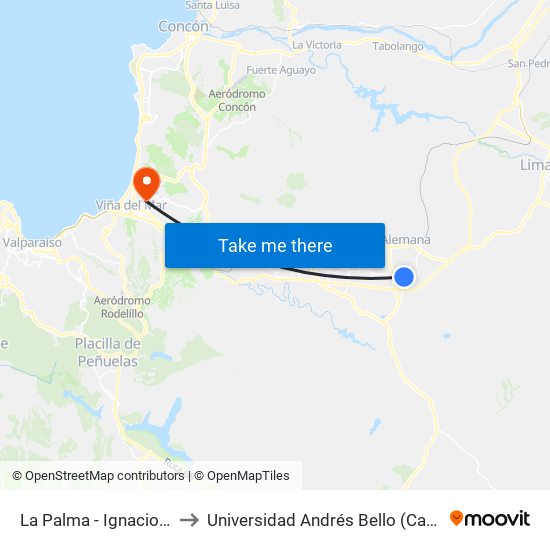 La Palma - Ignacio Carrera Pinto to Universidad Andrés Bello (Campus Los Castaños) map