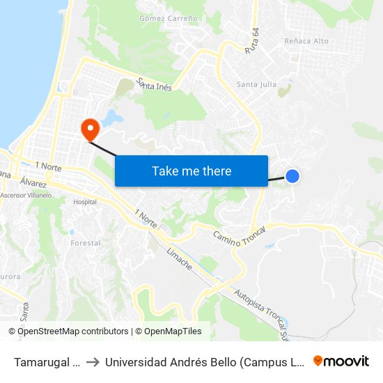 Tamarugal 1577 to Universidad Andrés Bello (Campus Los Castaños) map