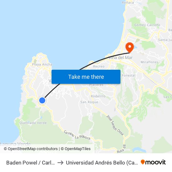 Baden Powel / Carlos Pezoa Veliz to Universidad Andrés Bello (Campus Los Castaños) map