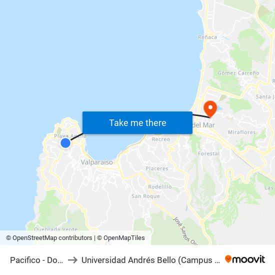 Pacifico - Domeyko to Universidad Andrés Bello (Campus Los Castaños) map