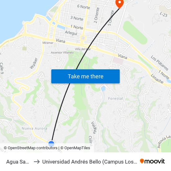 Agua Santa 1 to Universidad Andrés Bello (Campus Los Castaños) map
